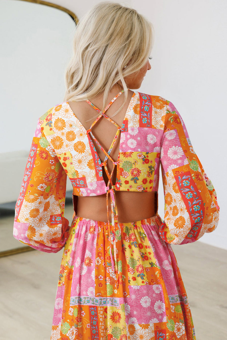 Orange Floral Patchwork Bracelet Sleeve Tied Back Maxi Dress Women UK — side view