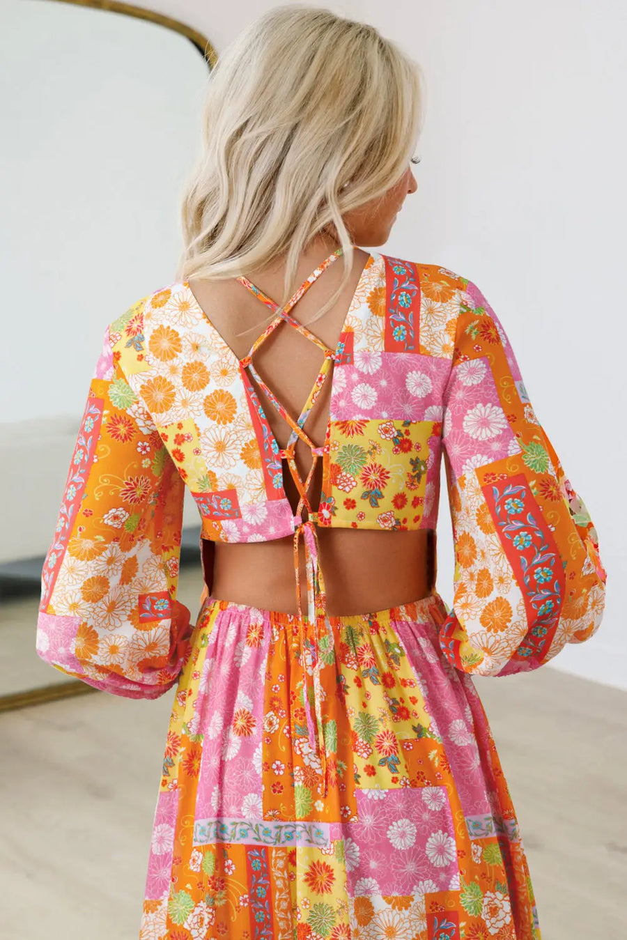 Orange Floral Patchwork Bracelet Sleeve Tied Back Maxi Dress Women UK — side view