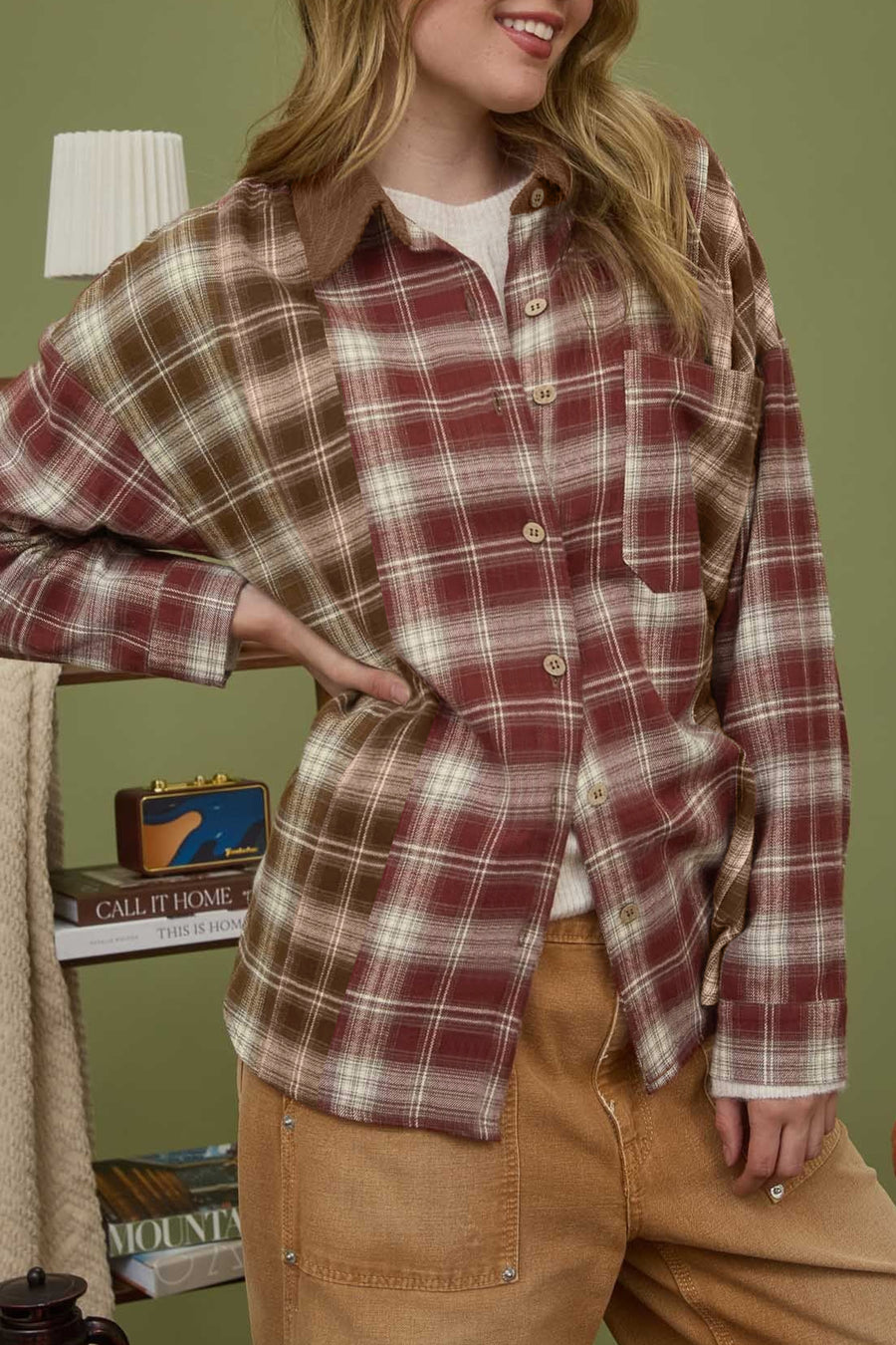 Contrast Plaid Long Sleeve Button Down Shirt