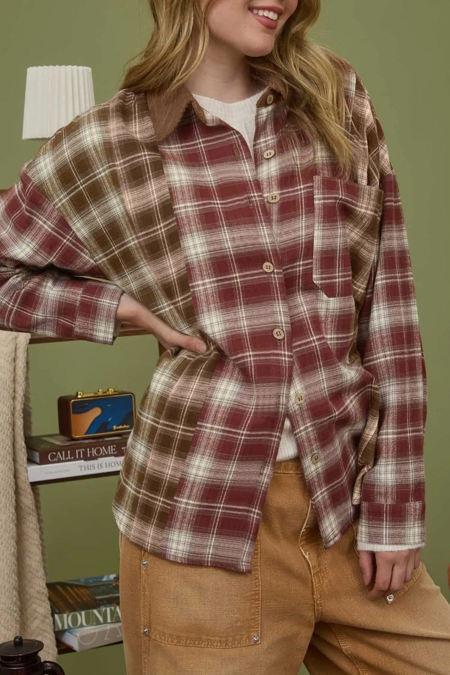 Contrast Plaid Long Sleeve Button Down Shirt — back view | Fashionfitz UK