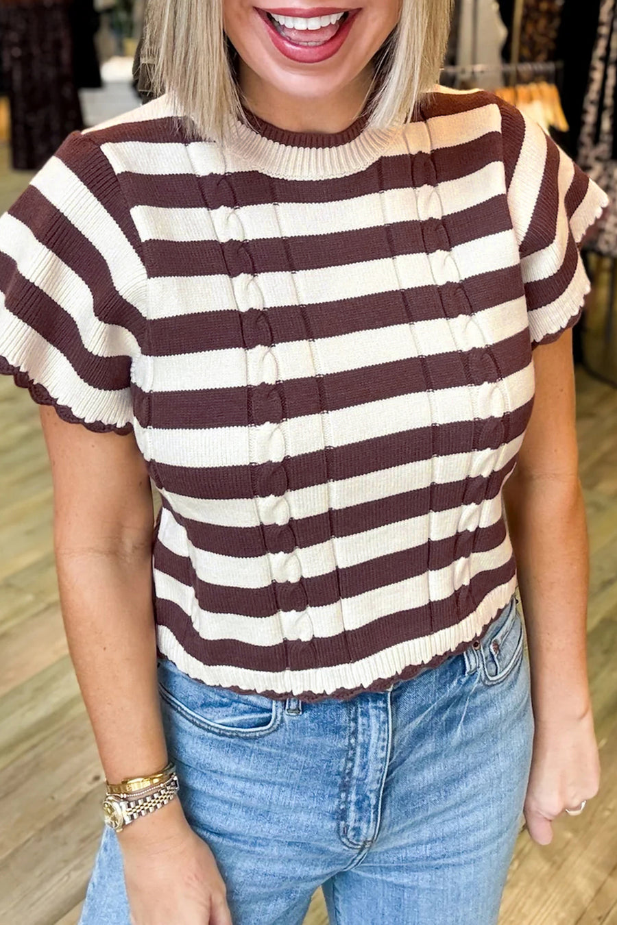 Brown Stripe Ribbed Knit Cable Detail Short Sleeve Sweater