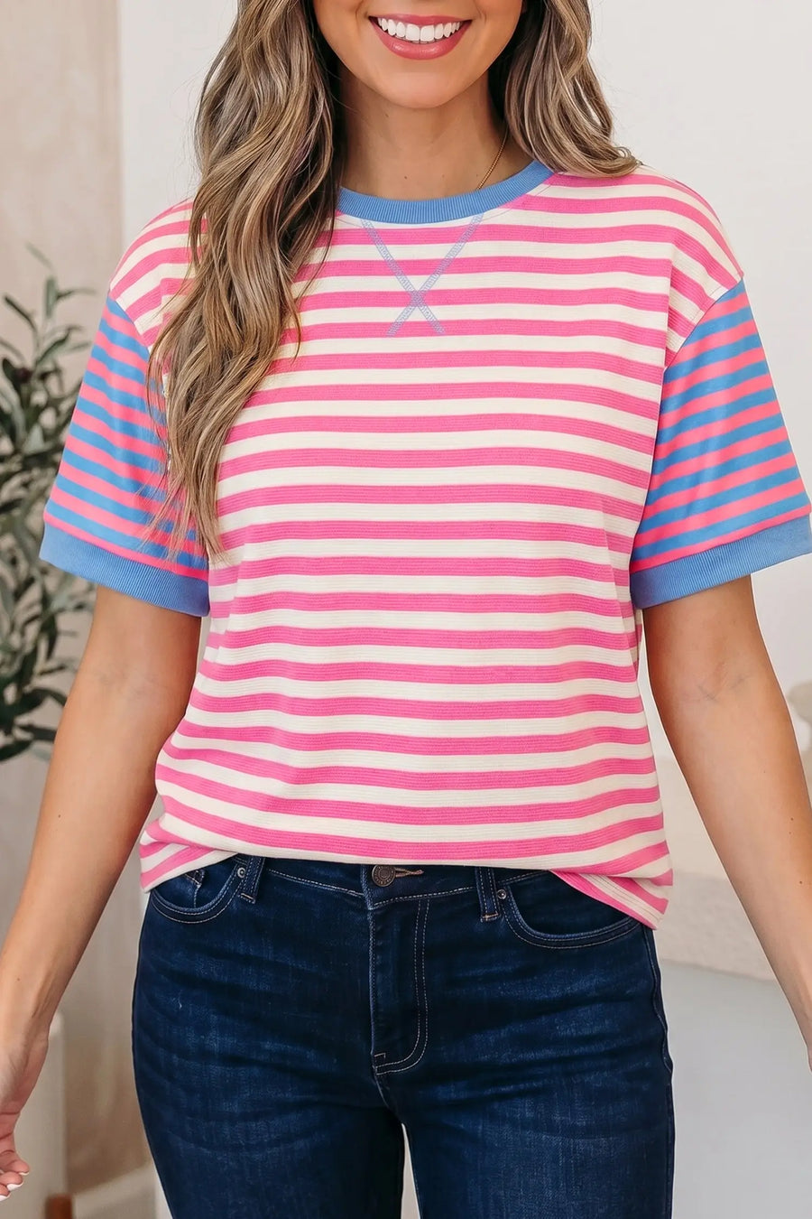 Women's pink stripe contrast patchwork tee front view loose fit