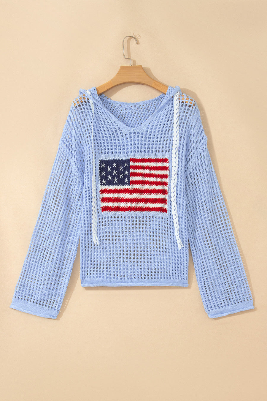 Hollow Out Crochet Knit American Flag Patch Drawstring Hoodie