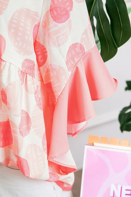 Polka dot ruffle sleeve babydoll shirt button front collar pink shirts