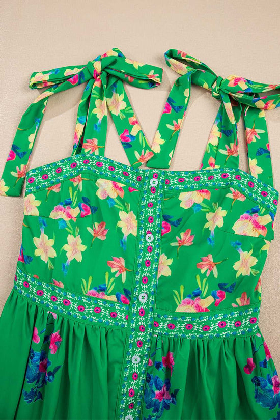 Green Floral Midi Dress - Knotted Straps