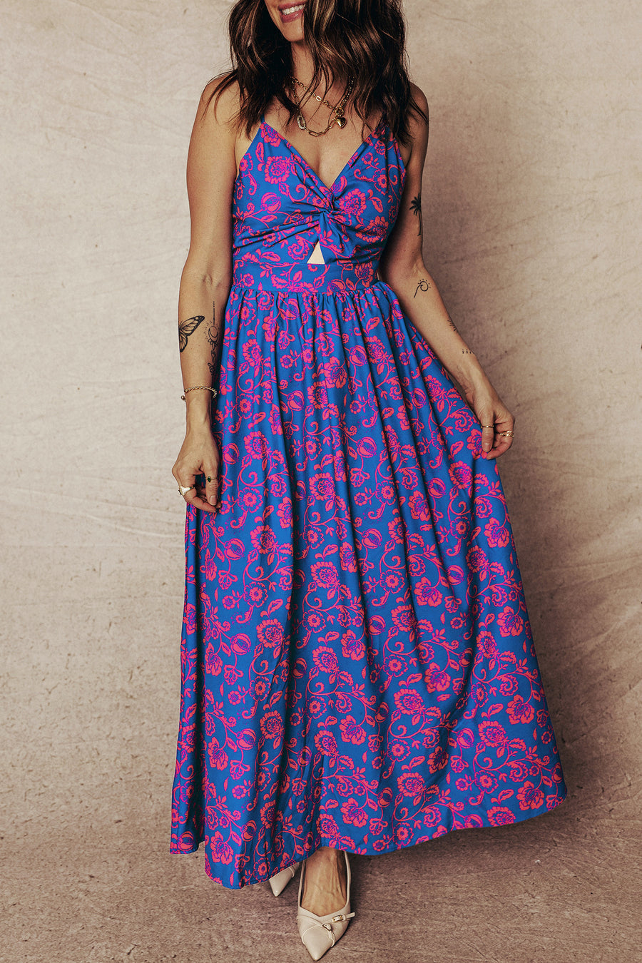 Blue Floral Twisted V Neck Tied Backless Maxi Dress Women UK — side view