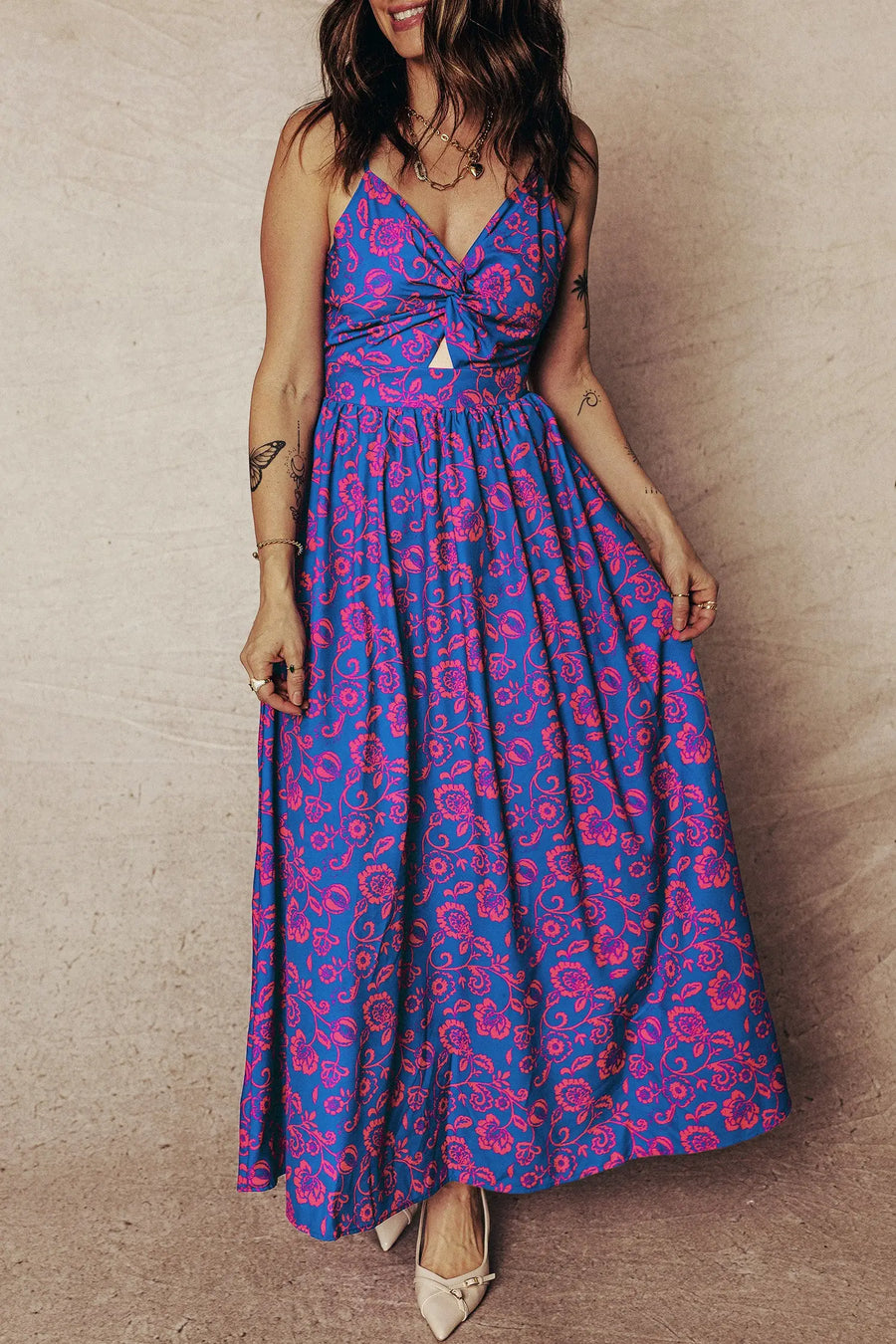 Blue Floral Twisted V Neck Tied Backless Maxi Dress Women UK — side view