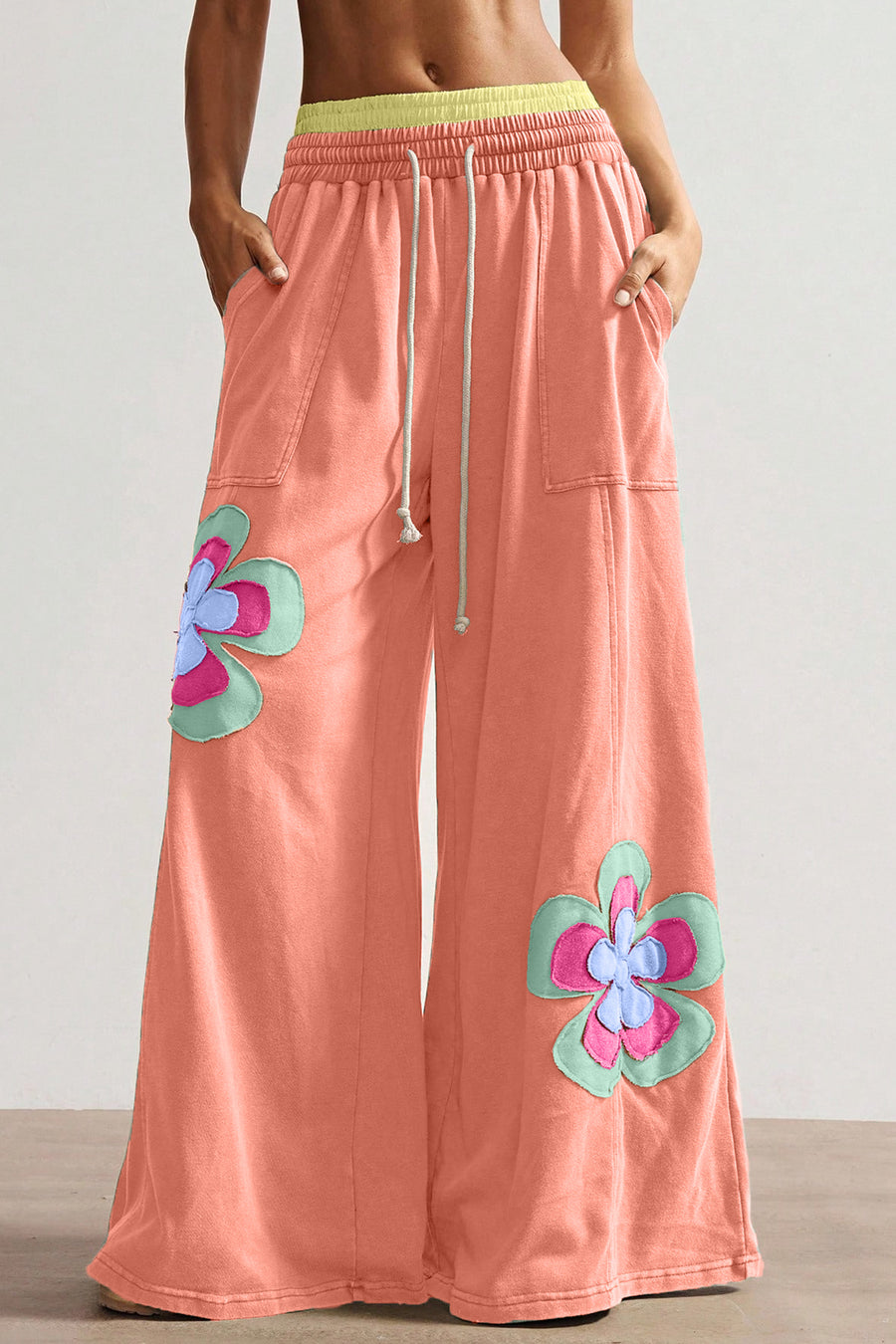 Flower Patchwork Drawstring Elastic Waist Wide-Leg Trousers
