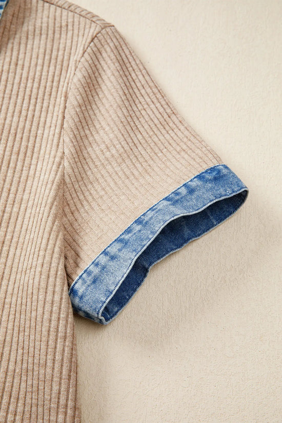Beige ribbed knit denim blouse — side view showing relaxed shift fit | Fashionfitz UK