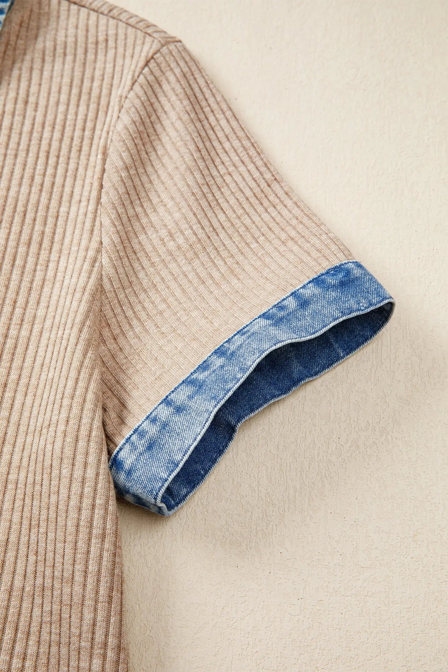 Beige ribbed knit denim blouse — side view showing relaxed shift fit | Fashionfitz UK