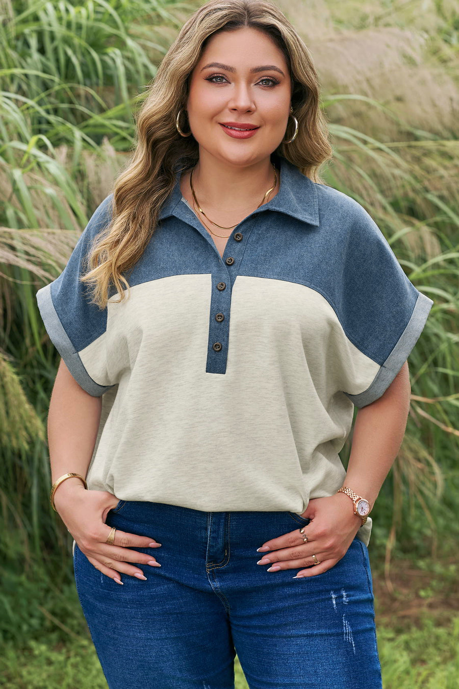 Half Button Collared Denim Patchwork Plus Size Short Sleeve Top UK