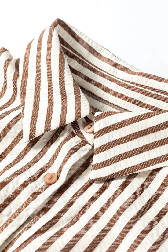 Collar and button detail of brown striped midi shirt dress, emphasizing the shirt dress style and spring-ready design.