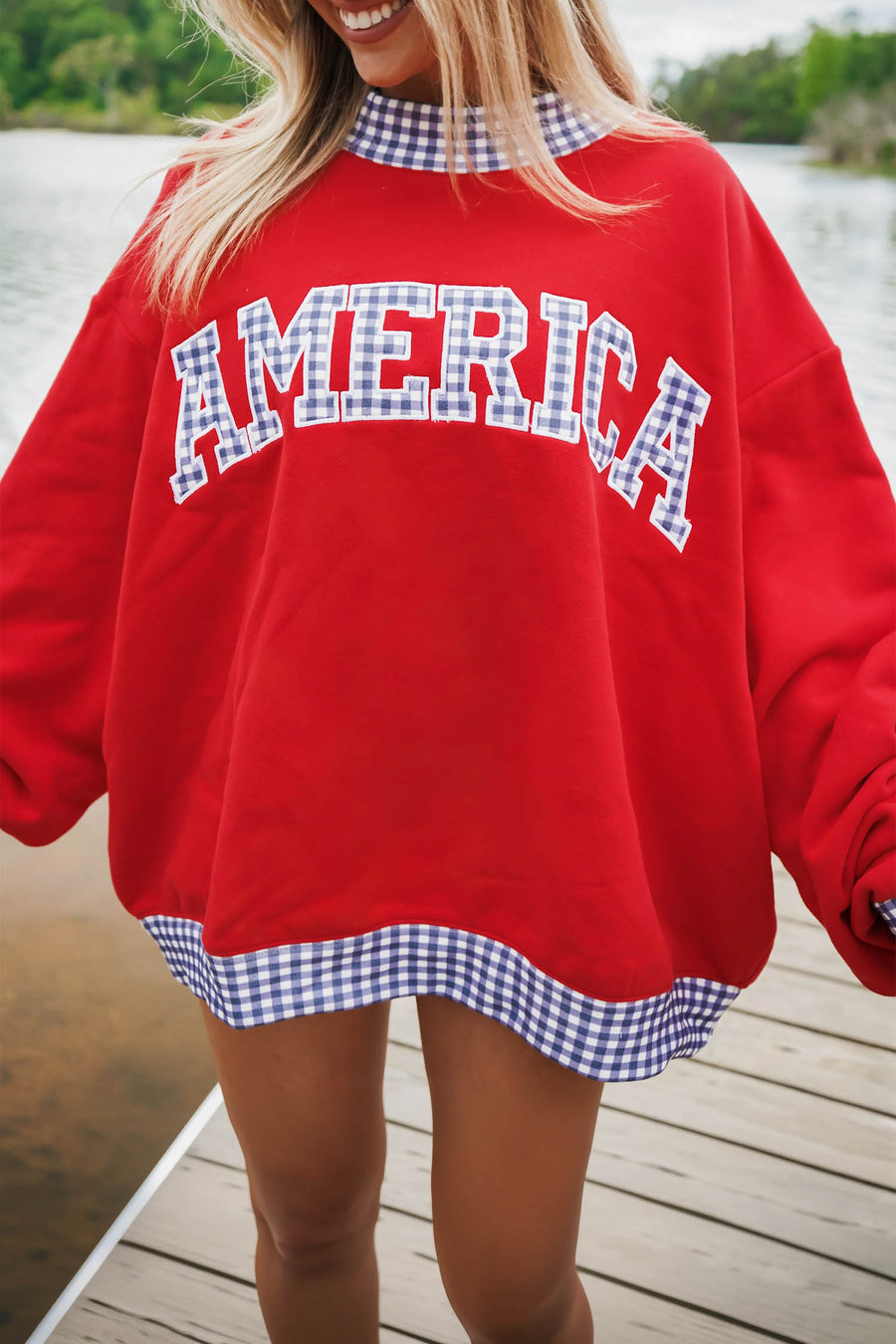Plaid trim detail at mock neck and cuffs on red USA graphic sweatshirt — Fashionfitz UK