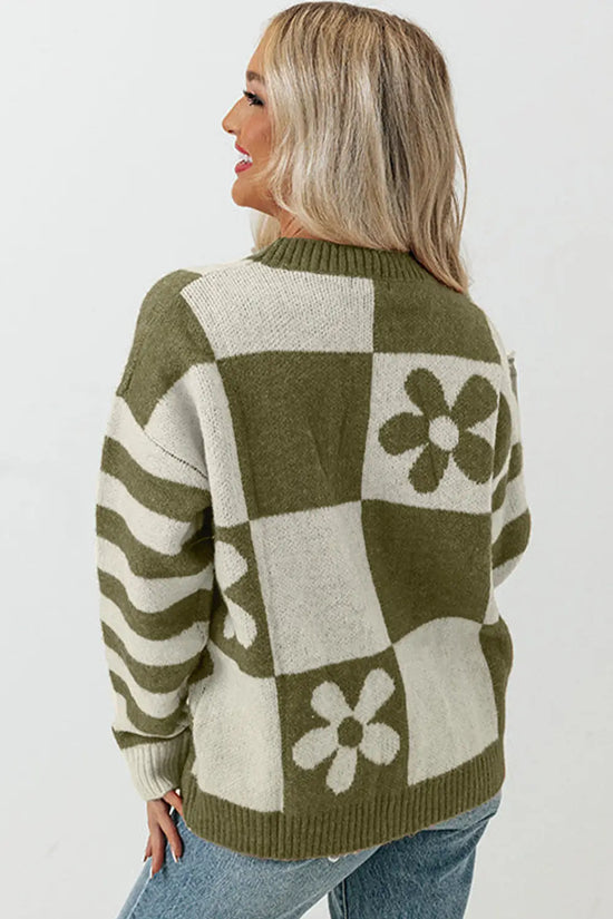 Brown checkered floral print striped sleeve sweater
