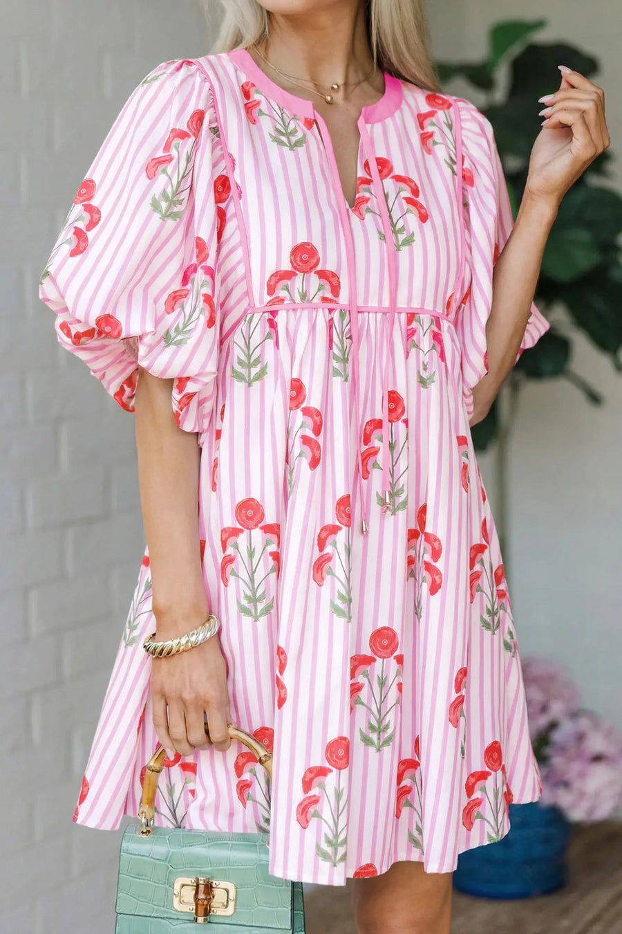 Sky Blue Floral Tie Notched Neck Puff Sleeve Mini Dress Women UK — side view