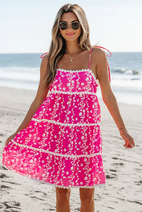 Pink Floral Ric Rac Patched Sleeveless Mini Dress Women UK