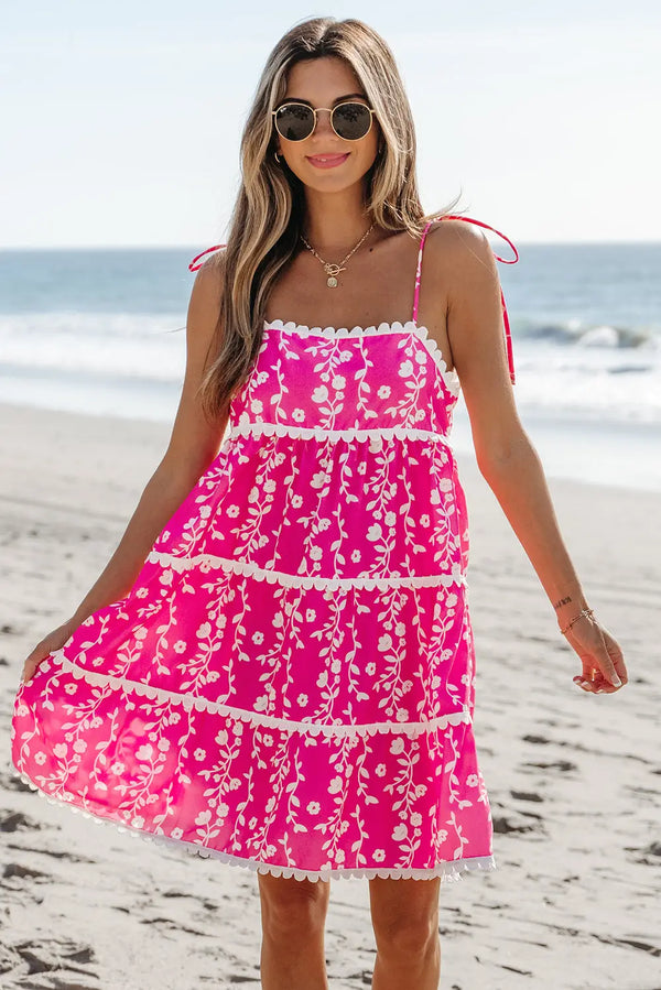 Pink Floral Ric Rac Patched Sleeveless Mini Dress Women UK