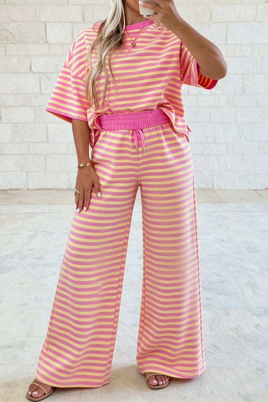 Pink Stripe Colourblock Crew Neck Tee & Drawstring Pant Set