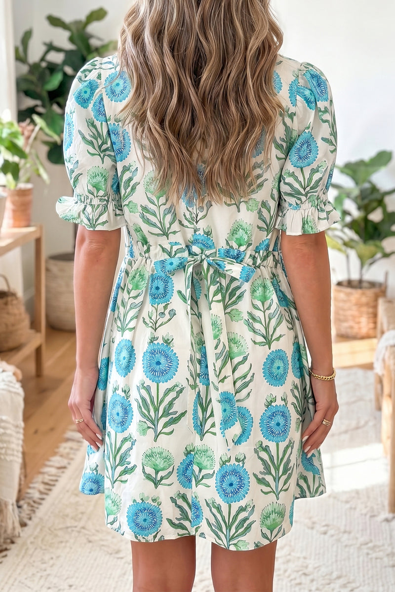 Sky Blue Floral Half Button Frilly Short Sleeve Dress