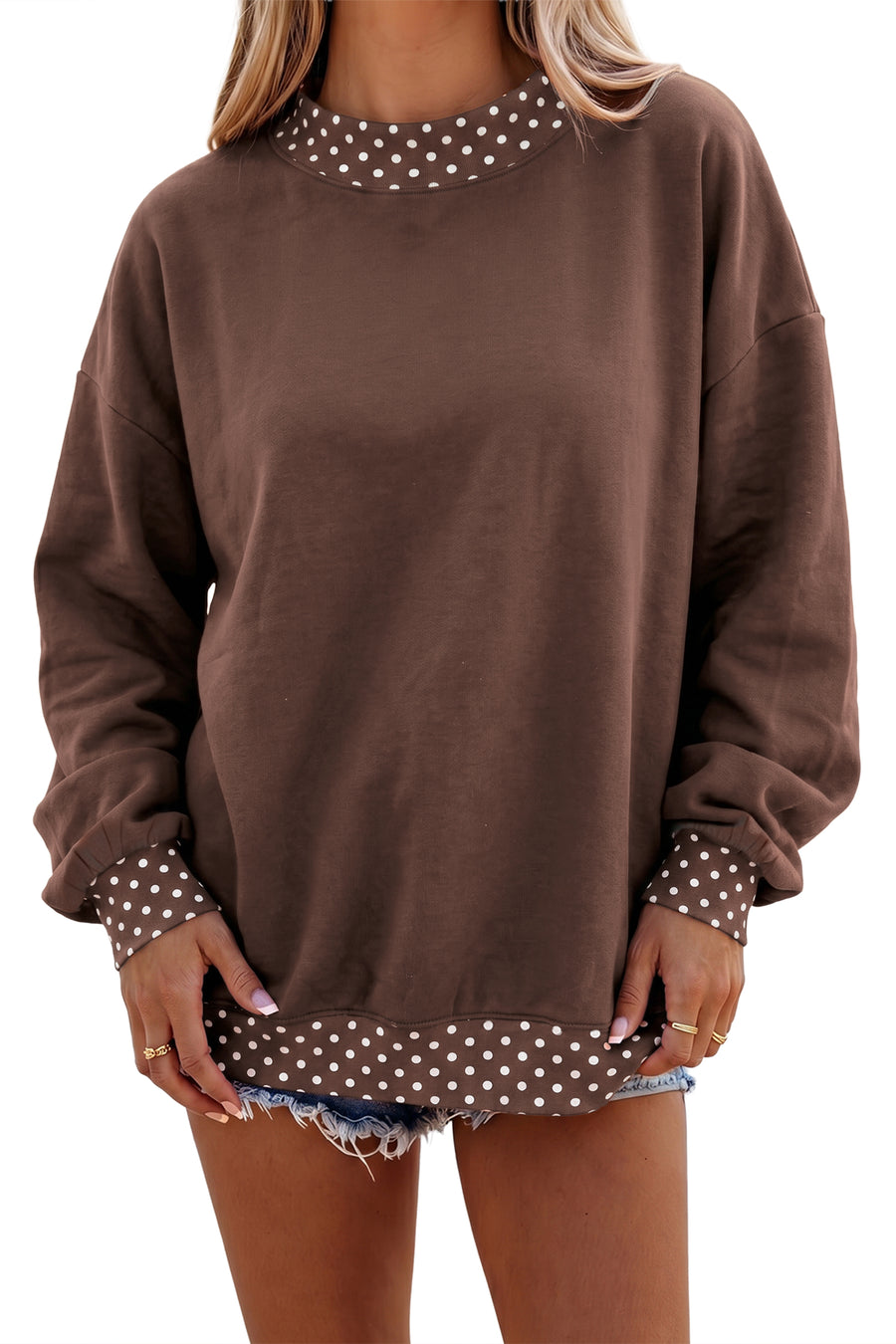 Pink Colorblock Polka Dot Contrast Trim Oversized Sweatshirt Women UK