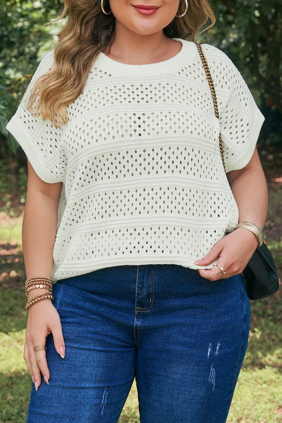 Plus Size Eyelet Hollow Out Knit Short Sleeve Sweater Ribbed Trim White