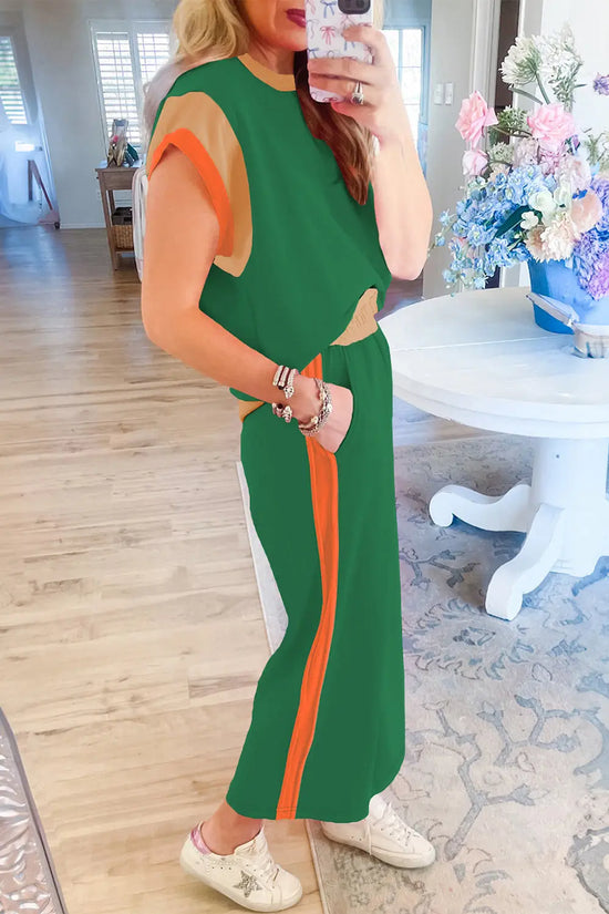 Colour block two piece set cap sleeve wide leg pants women uk