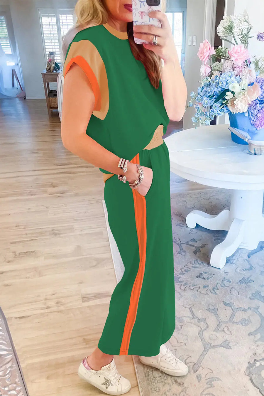 Colour block two piece set cap sleeve wide leg pants women uk