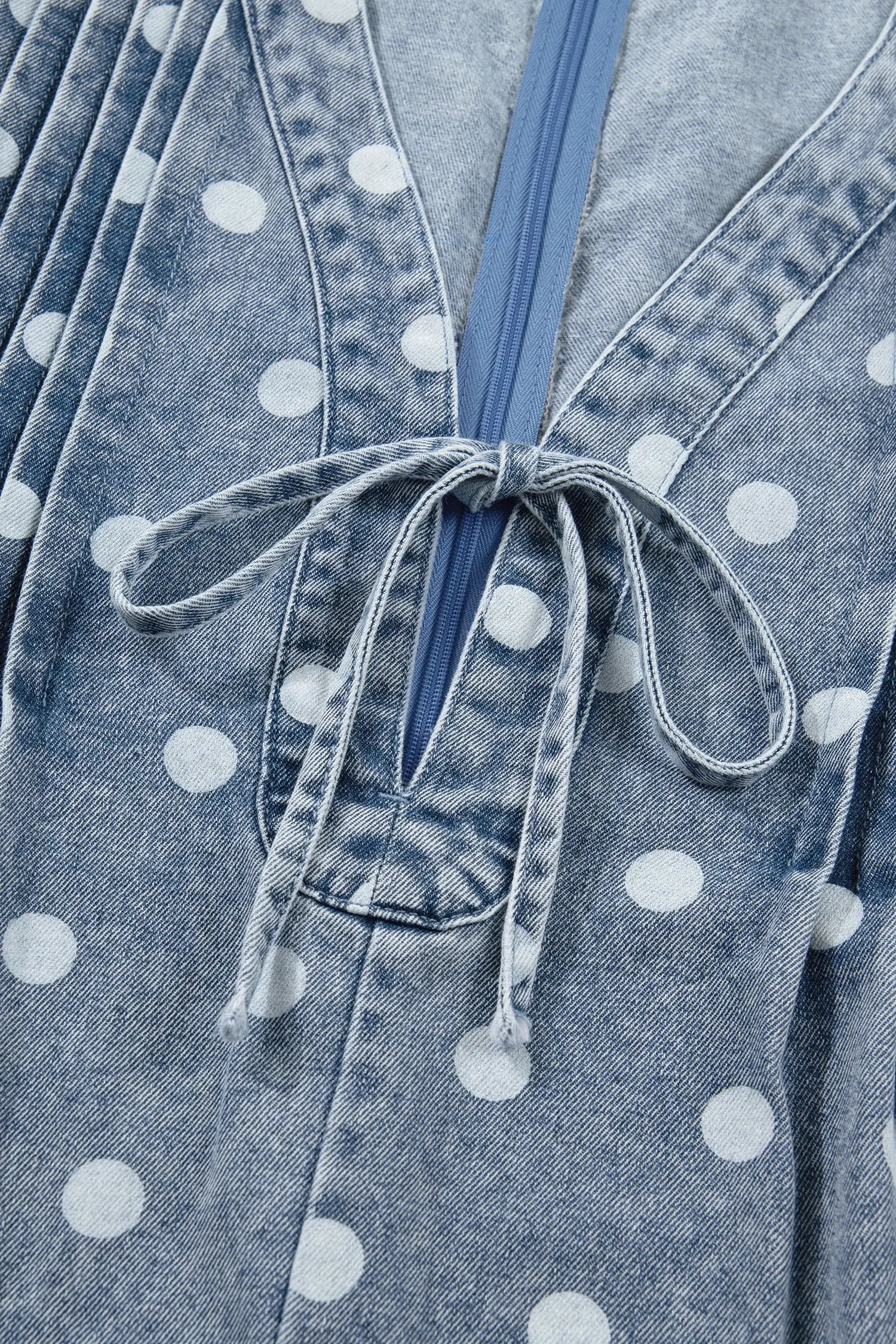 Sky blue polka dot print tie v neck pleated loose denim romper