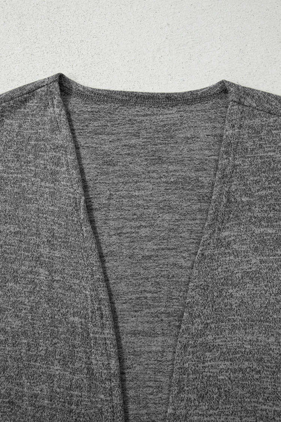 Close-up of charcoal duster neckline from Heather Mauve Duster Lounge Trio – 3‑Piece Loungewear Set, showcasing soft knit texture and open front design.
