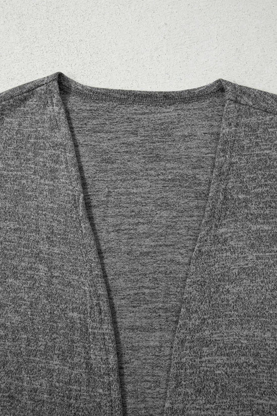 Close-up of the open front duster from the Heather Mauve Duster Lounge Trio – 3‑Piece Loungewear Set in grey, showing soft knit texture.