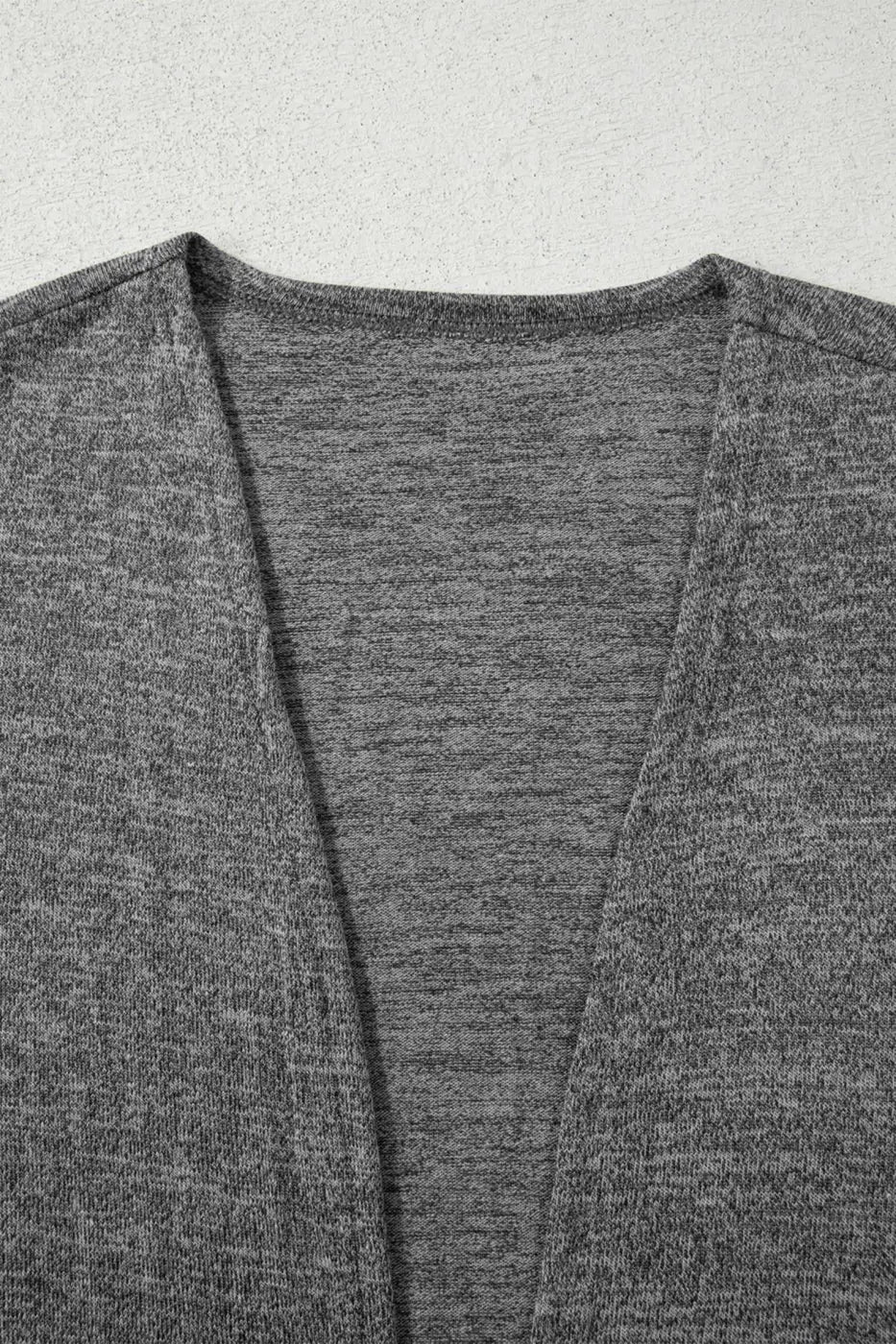 Close-up of the open front duster from the Heather Mauve Duster Lounge Trio – 3‑Piece Loungewear Set in grey, showing soft knit texture.
