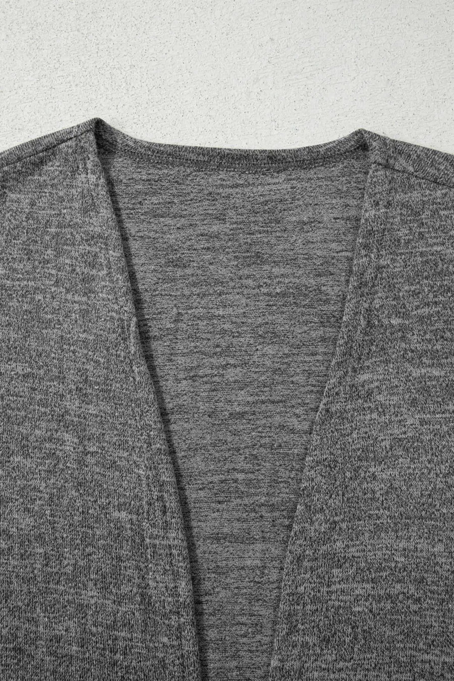 Close-up of the open front duster from the Heather Mauve Duster Lounge Trio – 3‑Piece Loungewear Set in grey, showing soft knit texture.