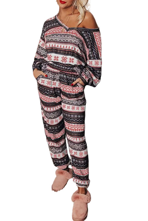 Black christmas retro print lounge set v-neck top high waist pants loungewear