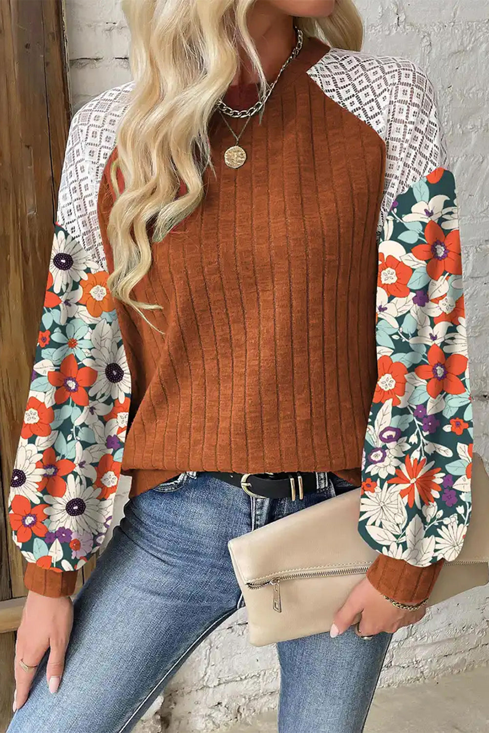 Floral Sleeve Ribbed Blouse