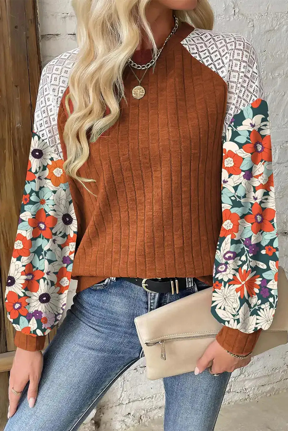 Floral Sleeve Ribbed Blouse - Fashionfitz