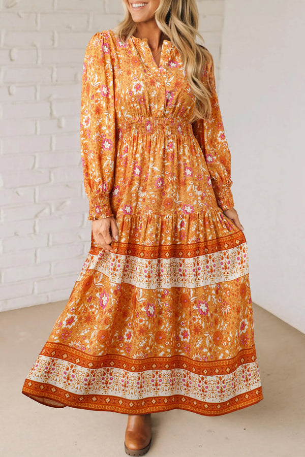 Orange smocked waist floral long sleeve boho maxi dress women UK front view