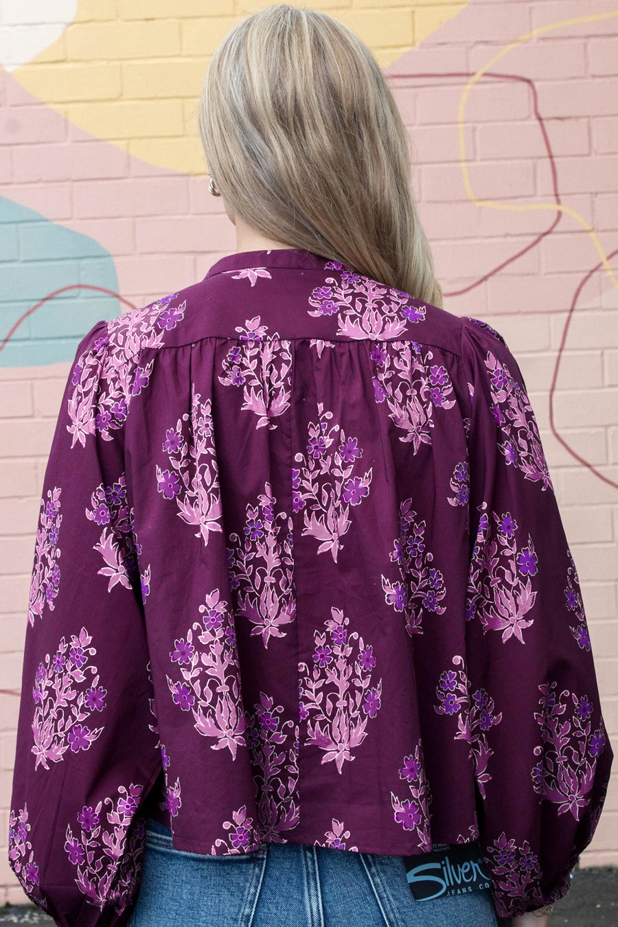 Floral Print Long Puff Sleeve Shirt UK — full length view showing complete loose floral shirt styled casually — Fashionfitz