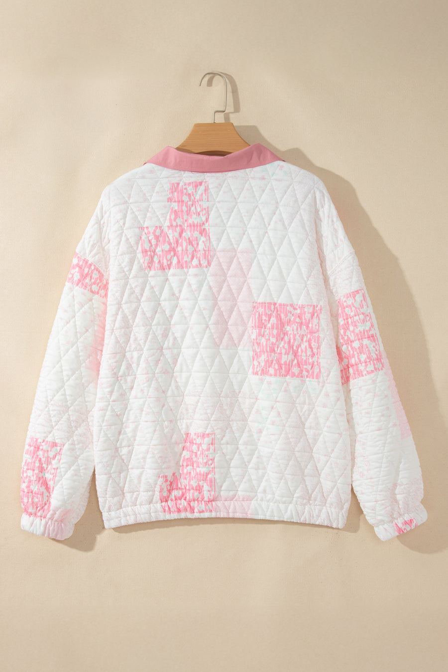 Pink Floral Quilted Half Button Pocketed Pullover Sweatshirt