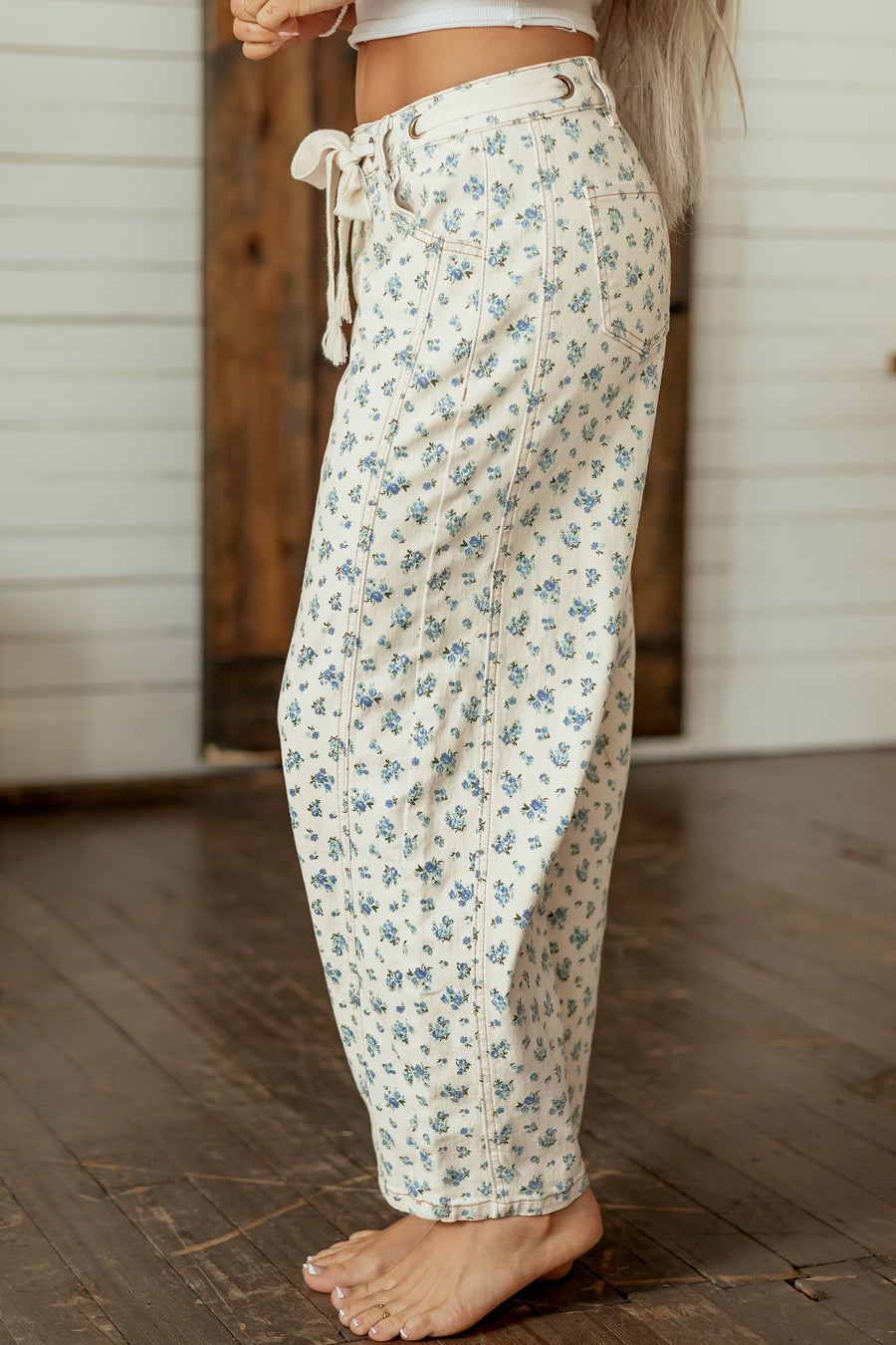 Grommet Knot Waist Floral Barrel Leg Jeans