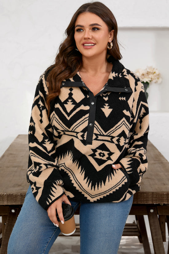 Black Plus Size Aztec Print Plush Sweatshirt