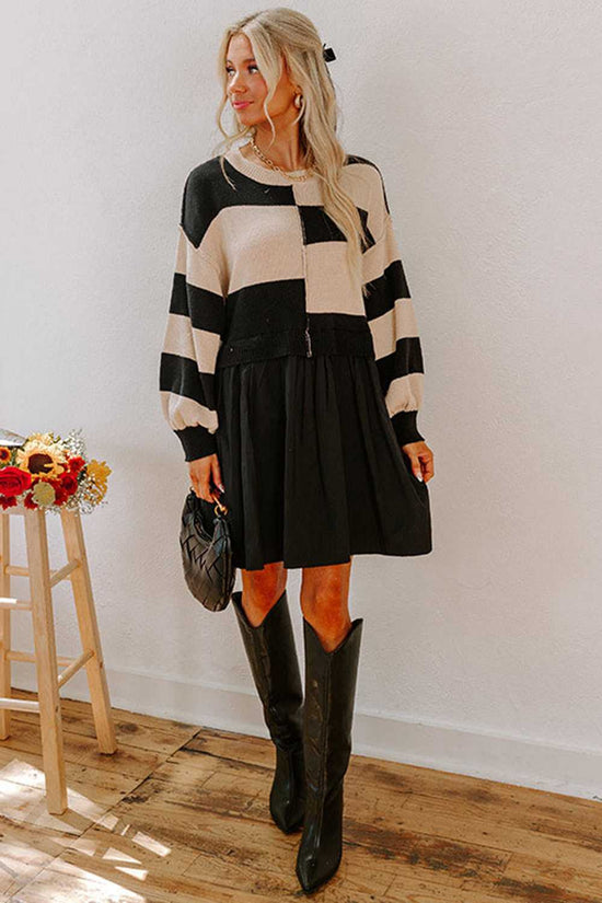 Full-length view of Monochrome Knit Dress - Cozy & Stylish | FashionFitz styled with knee-high boots for a trendy fall outfit.