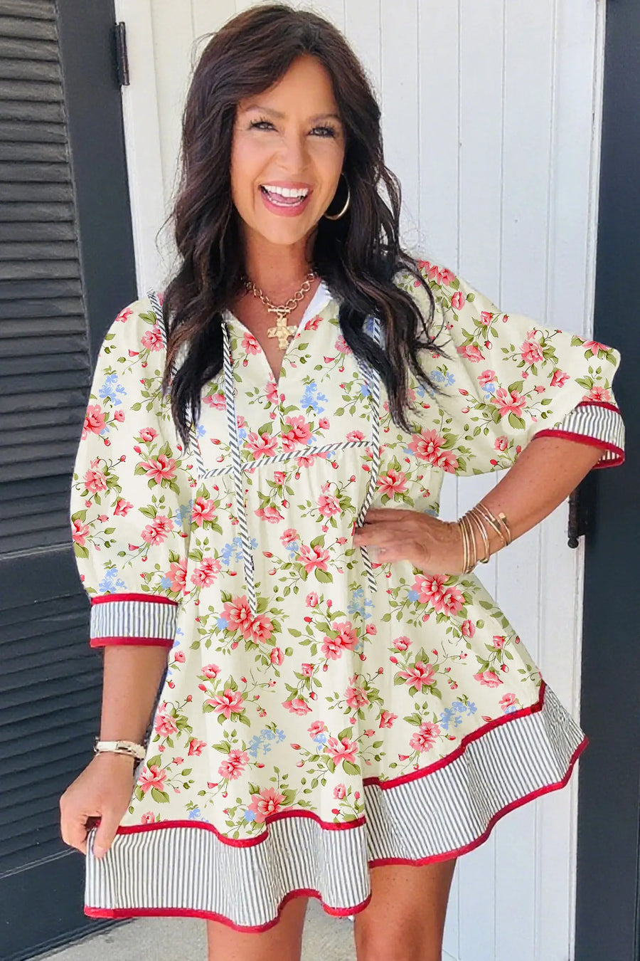 Apricot Floral Striped Edge 3/4 Puff Sleeve Dress Women UK — side view