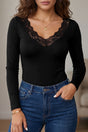 Black lace trim elegant neckline long sleeve slim top front view — Fashionfitz UK