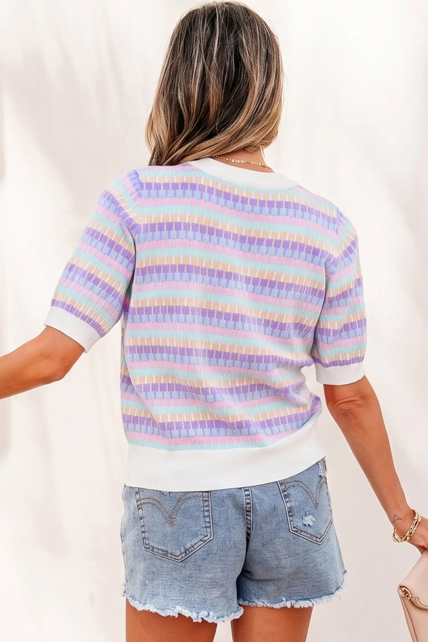 Abstract striped knit short sleeve sweater sweaters