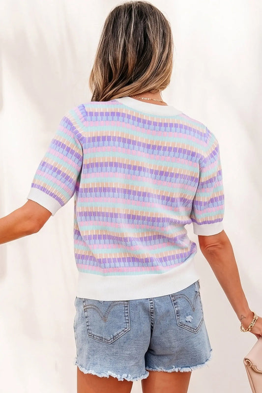 Abstract striped knit short sleeve sweater sweaters