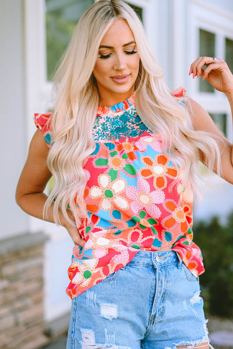 Pink Embroidered Floral Print Ruffle Trim Tank Top Women UK