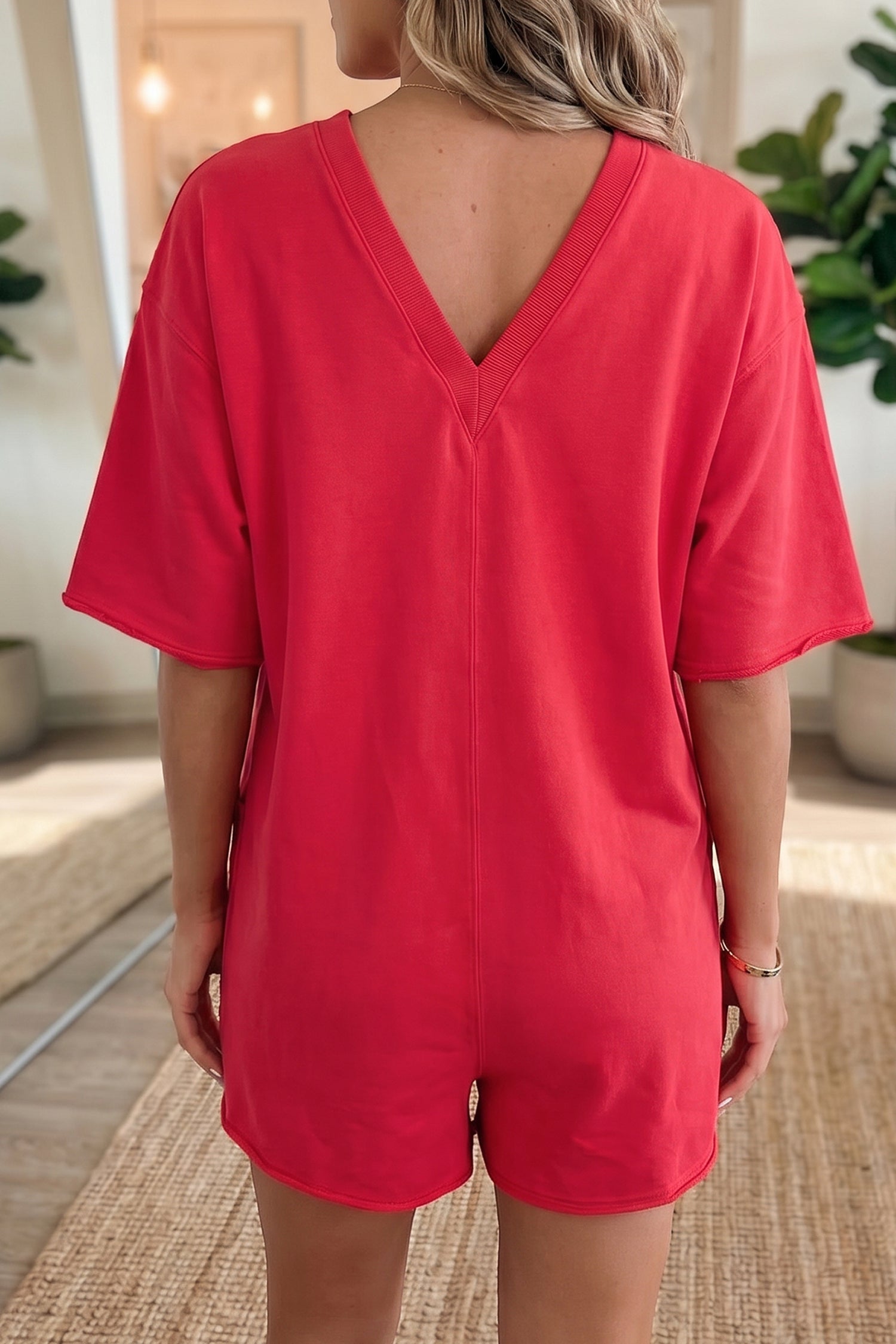 Raw Edge Half Sleeve Pocketed Loose Romper
