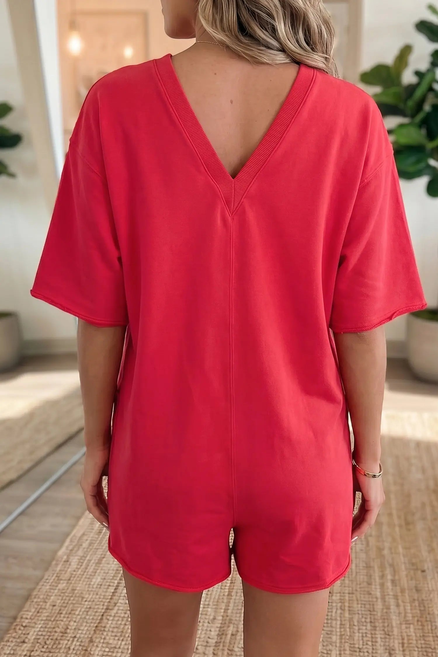 Raw Edge Half Sleeve Pocketed Loose Romper