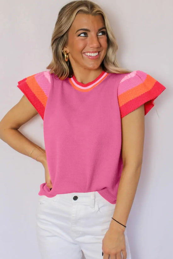 KnitT-Shirt - Turquoise Contrast Flutter Sleeves Sweater - Fashionfitz