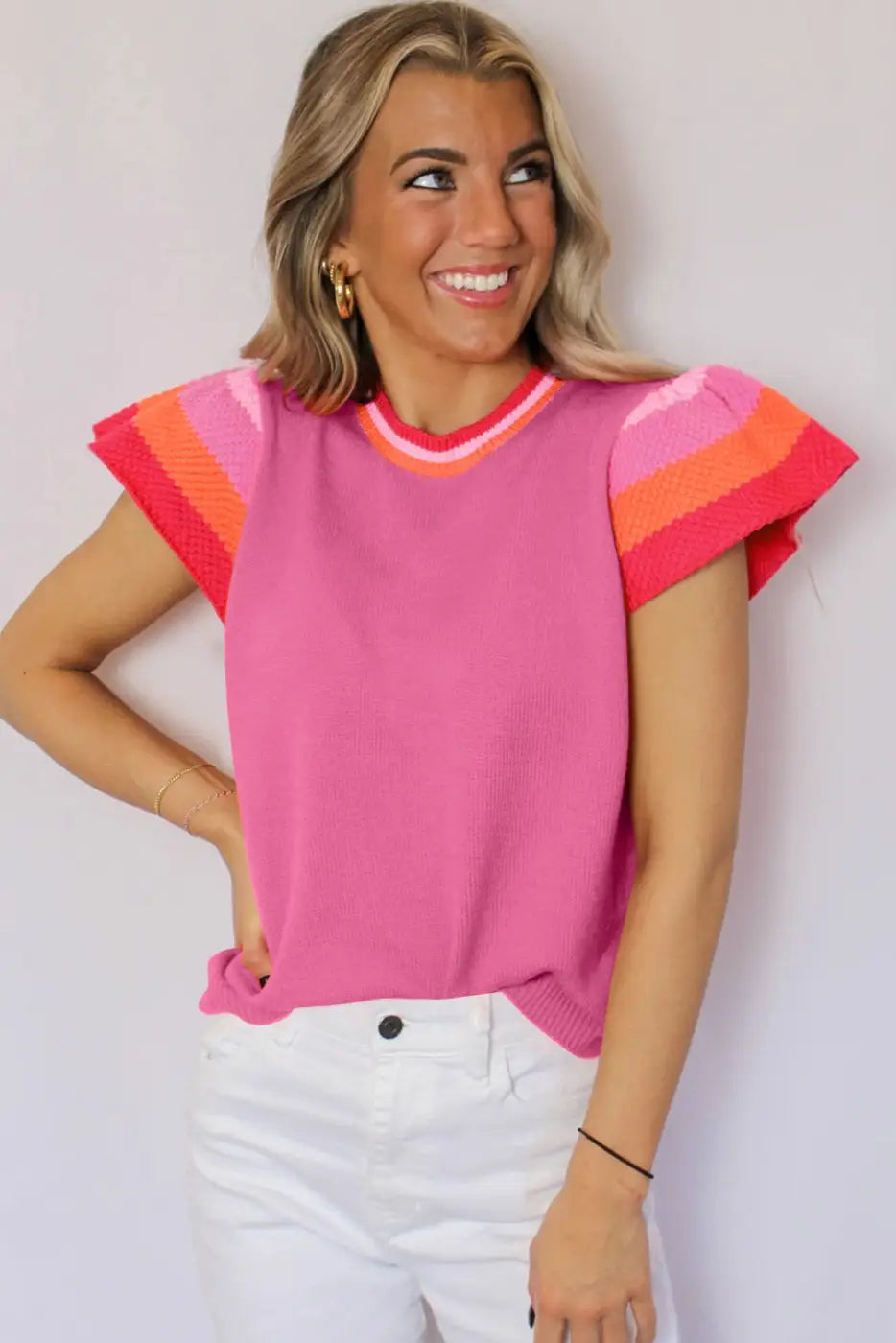 KnitT-Shirt - Turquoise Contrast Flutter Sleeves Sweater - Fashionfitz